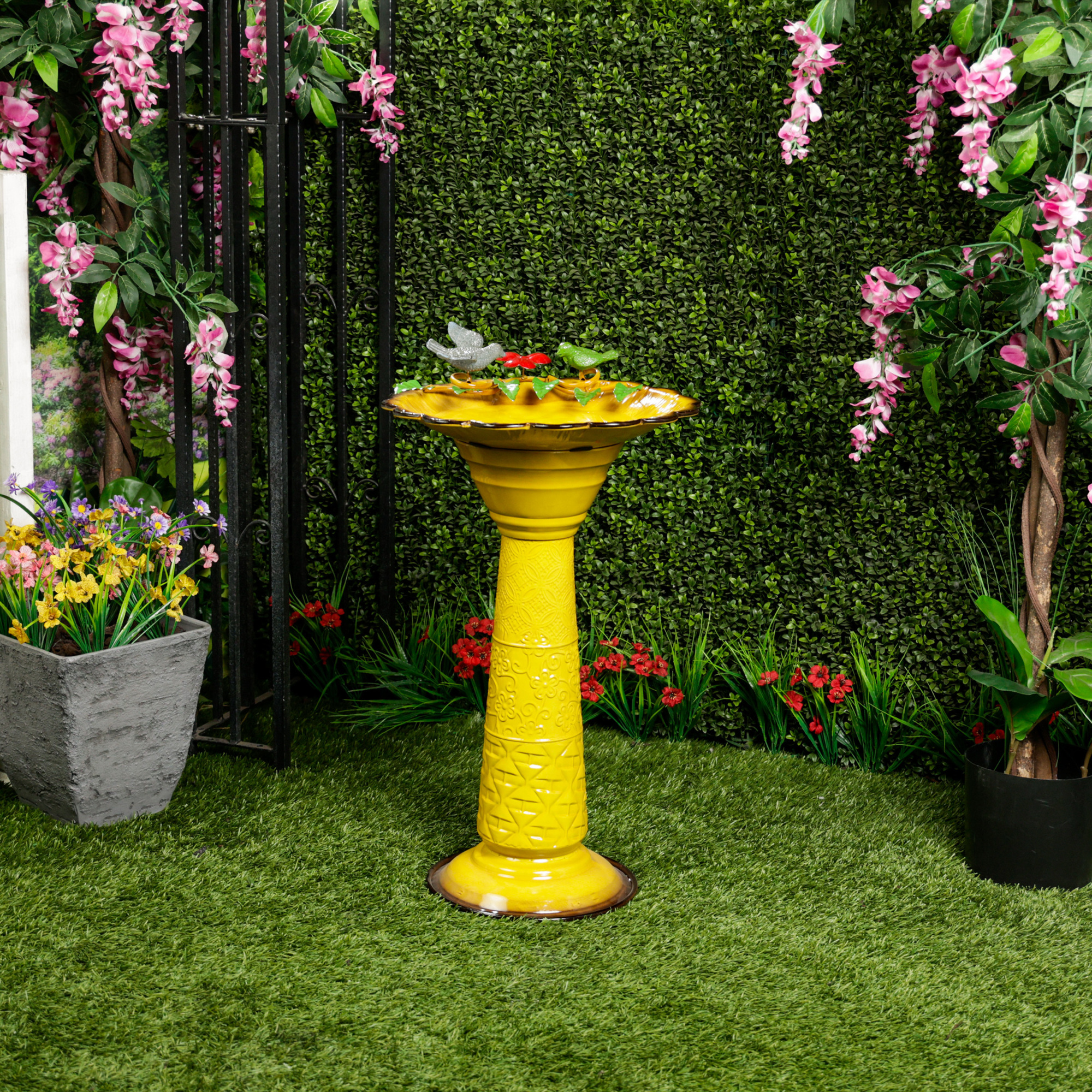 Alpine Corporation ORS112YL Vintage Metal Pedestal Birdbath with Stand, Shallow Bird Bath Bowl for Outside, 28"H, Yellow